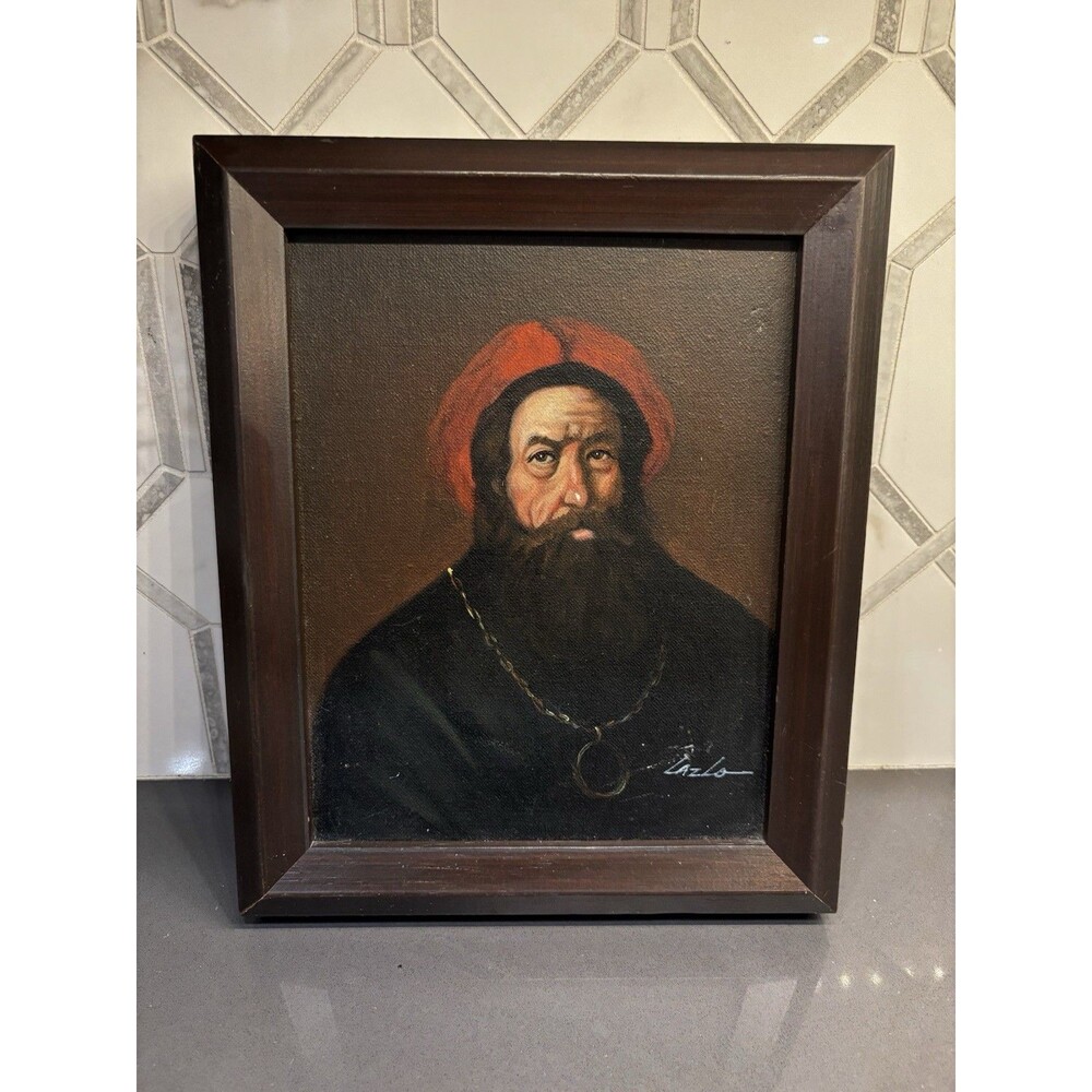 Vintage Lazlo Oil Painting Framed Portrait Bearded Scholar Philosopher Red Cap